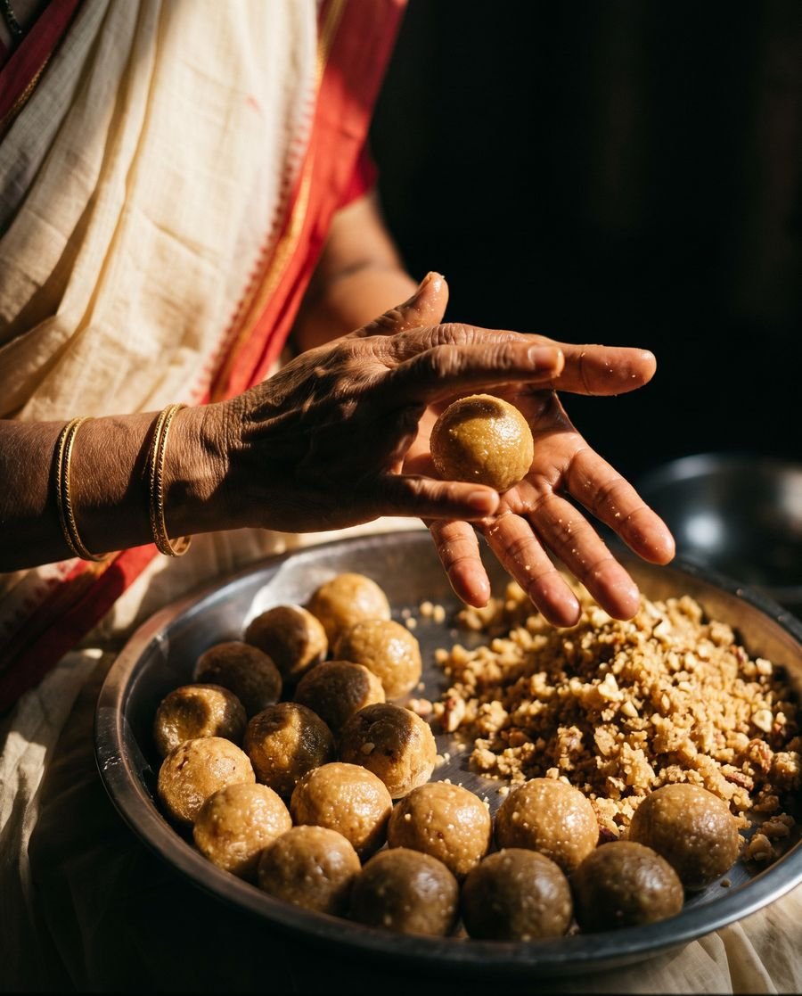 An older woman’s hands rolling a laddoo