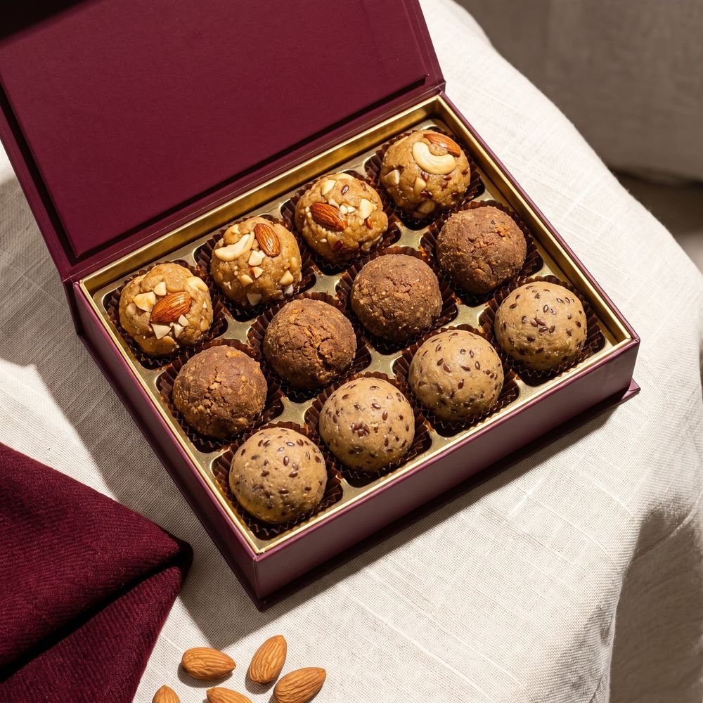 Sardi Box: aata gond, methi and alsi pinni laddoos in a maroon gift box